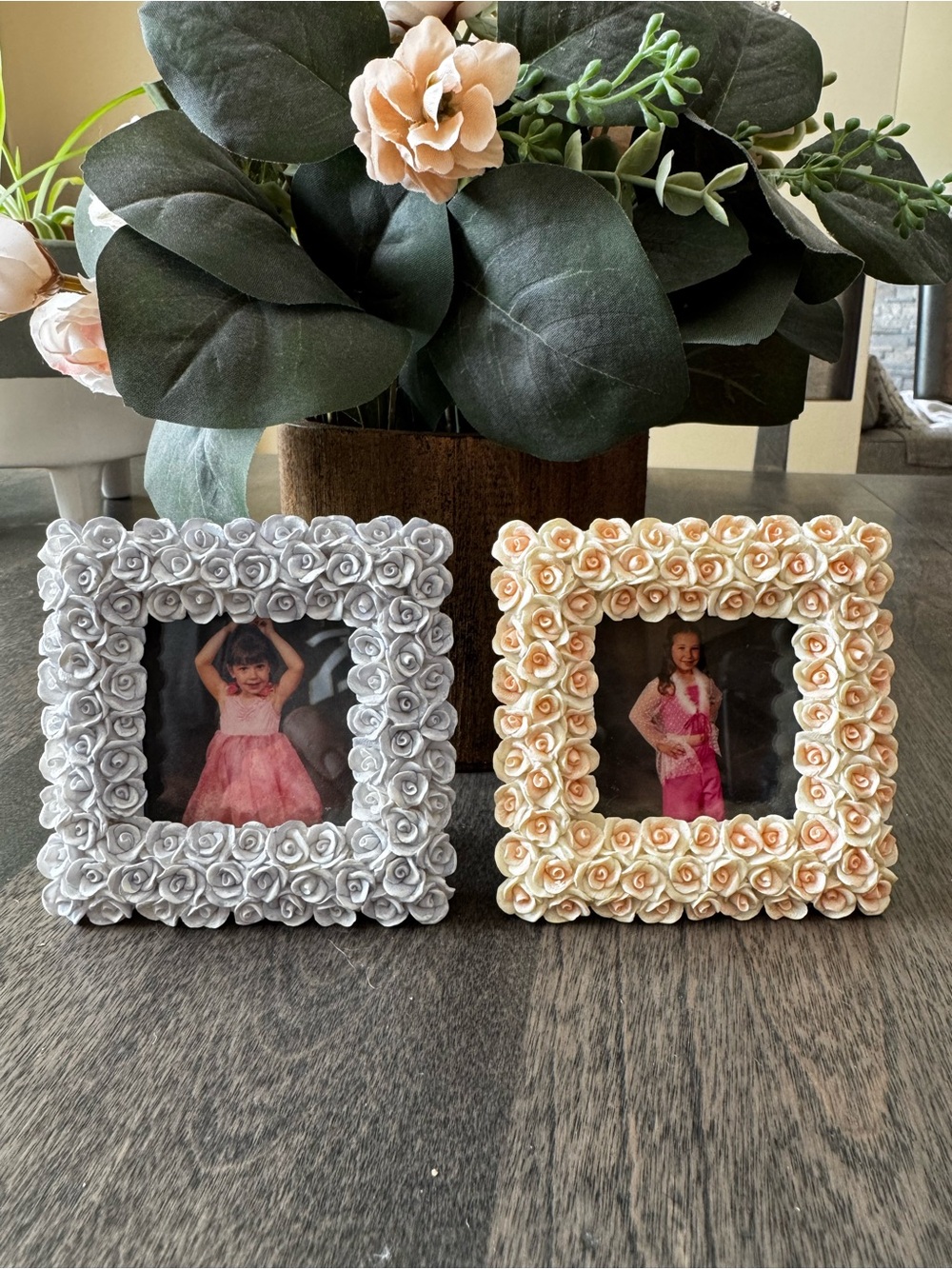 2 Vintage 3D Picture Frames Roses Amscan Grey Pink 3 1/2" squares for 2" photos